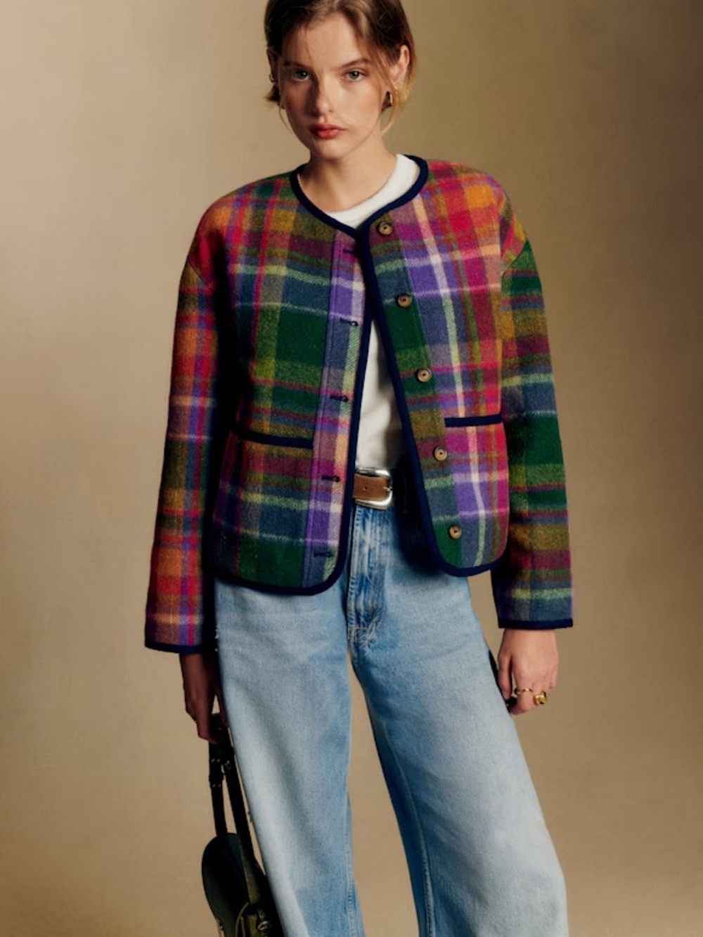 Sezane Freddy Jacket - Plaid Multicolor Wool-Blend Boxy Jacket | Size 2